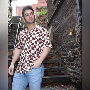 Earthbound Trading Co. | Short Sleeve Peace Patterned Button Down Shirt | Size S